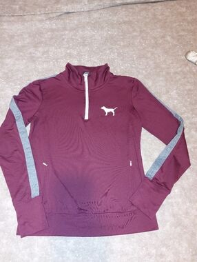 "Pink" Maroon Quarter-Zip Sweater with Grey Stripes - Women's Size: XS